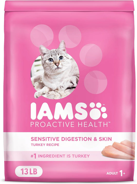 Nourish Your Cat's Health with IAMS Proactive Health Adult Sensitive Digestion & Skin Dry Cat Food – Turkey Flavor, 13 Lb Bag
